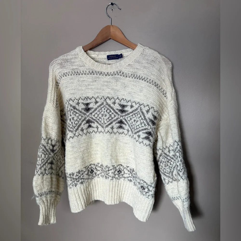 POLO Ralph Lauren cream Aztec sweater Wool Alpaca Aztec Nordic pullover sz L EUC